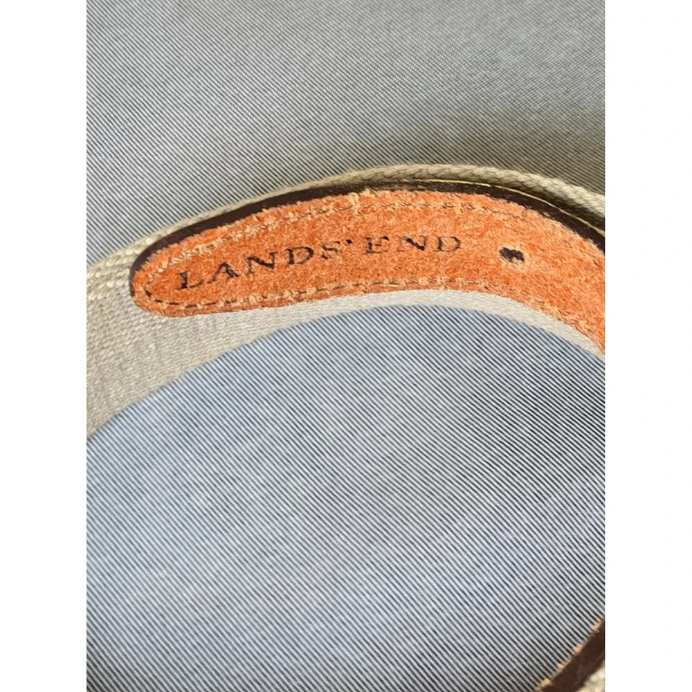 Vtg Lands End Men 32 Woven Cotton Web Leather Belt Brass Buckle Ivy Preppy USA
